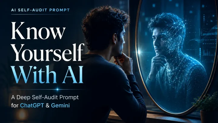 A thoughtful man looks into a mirror where his reflection appears as a glowing AI-powered digital version of himself, with the title “Know Yourself With AI,” symbolizing self-discovery, personal reflection, and deep self-audit through ChatGPT and Gemini.