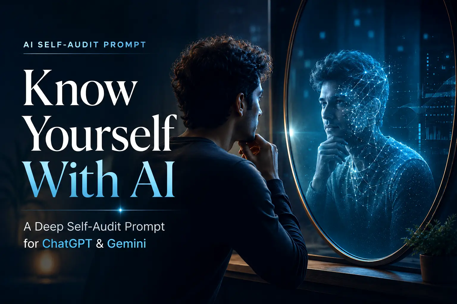 A thoughtful man looks into a mirror where his reflection appears as a glowing AI-powered digital version of himself, with the title “Know Yourself With AI,” symbolizing self-discovery, personal reflection, and deep self-audit through ChatGPT and Gemini.