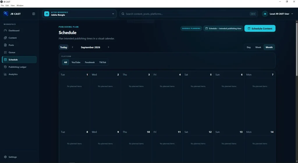 JB CAST publishing schedule and content calendar interface