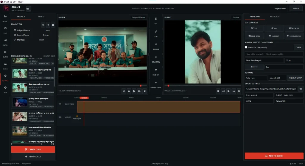 JB CUT video editing, reframing and clip rendering interface